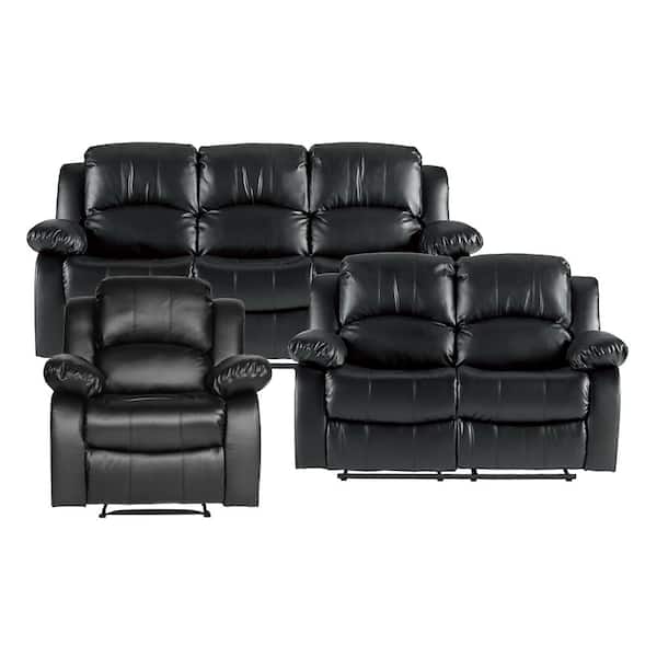 Lazzara Bianca 83 in. W. Pillow Top Arm Faux Leather Rectangle 3-Piece Manual Reclining Sofa Set in Black
