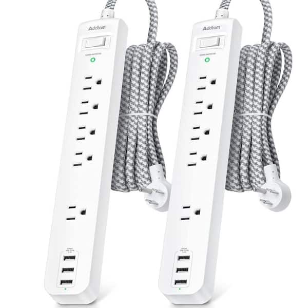 Etokfoks 5-Outlet Power Strip Surge Protector with 3 USB Charging Ports and 15 ft. Extension Cord, White (2-Pack)