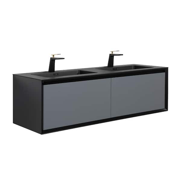tunuo 59.10 in. W x20.70in. D x 17.90in. H Bath Vanity in Black and Gray with Black Solid Surface with Quartz Top