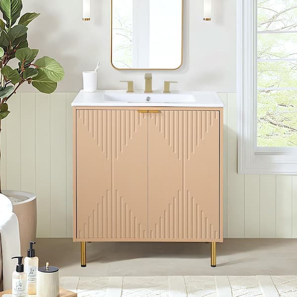 30 in. W x 18 in. D x 33 in. H. Modern Yellow oak Bathroom Vanity with White Ceramic Sink Top