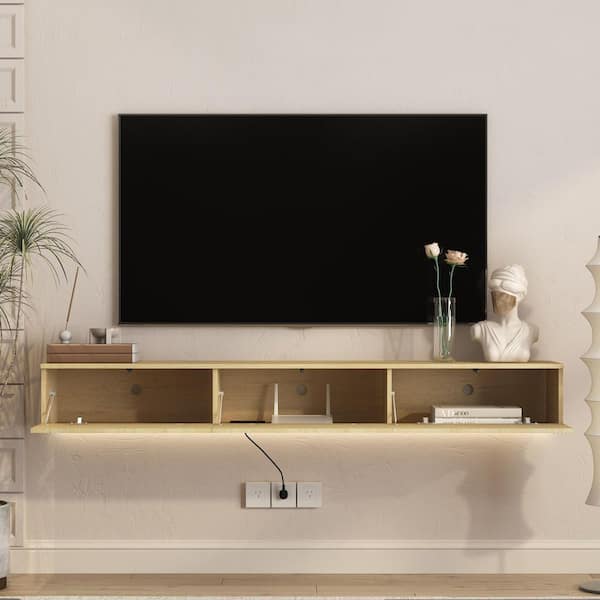 GOGEXX 69 in. W Natural Floating TV Stand for 65 in. TVs Wall