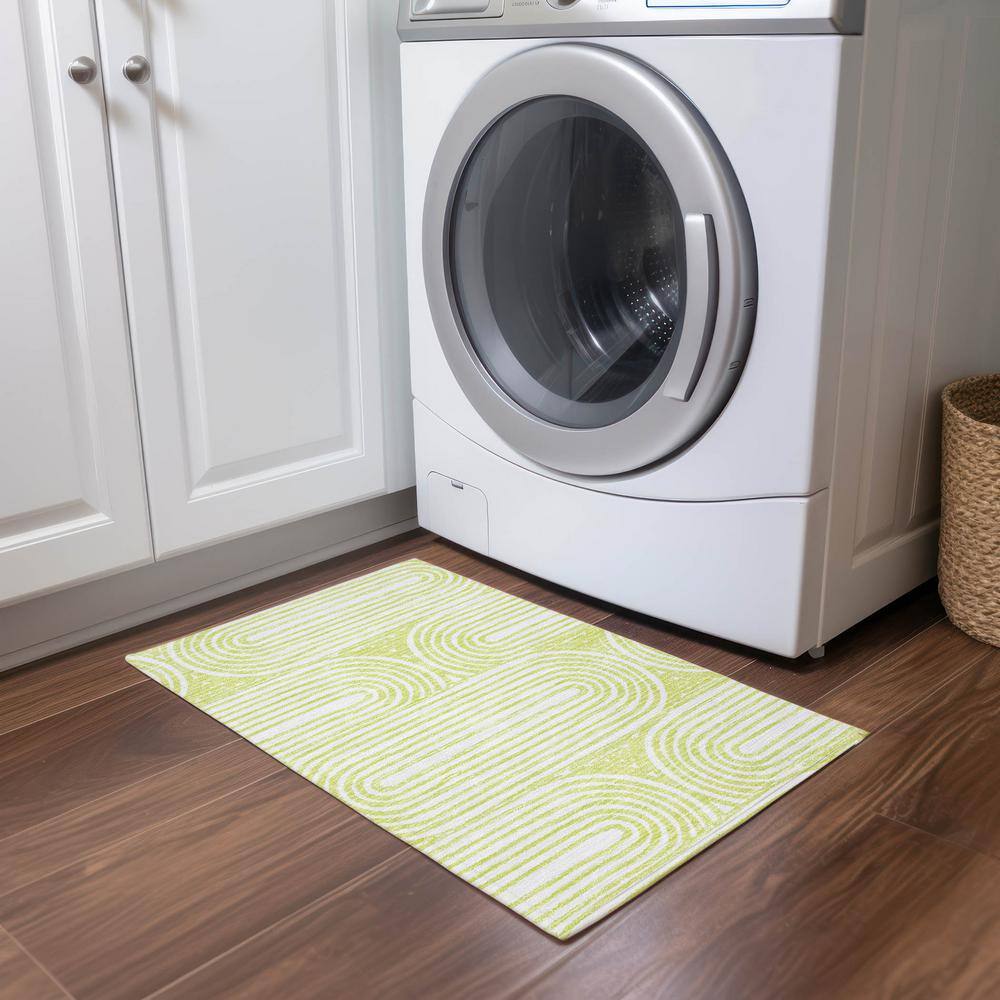 Green and White Abstract Synthetic Washable Rug 1'8" x 2'6"