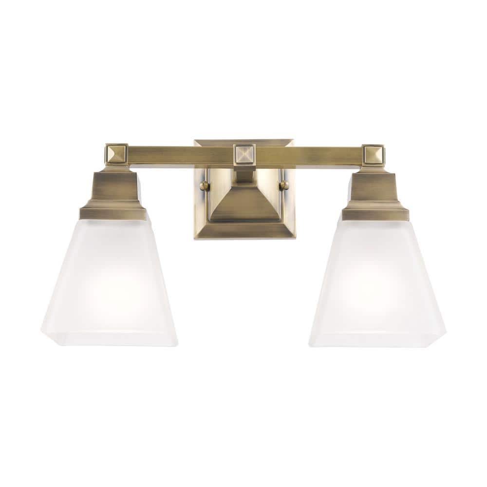 Antique Brass 2-Light Vanity Fixture with Satin Glass Shades