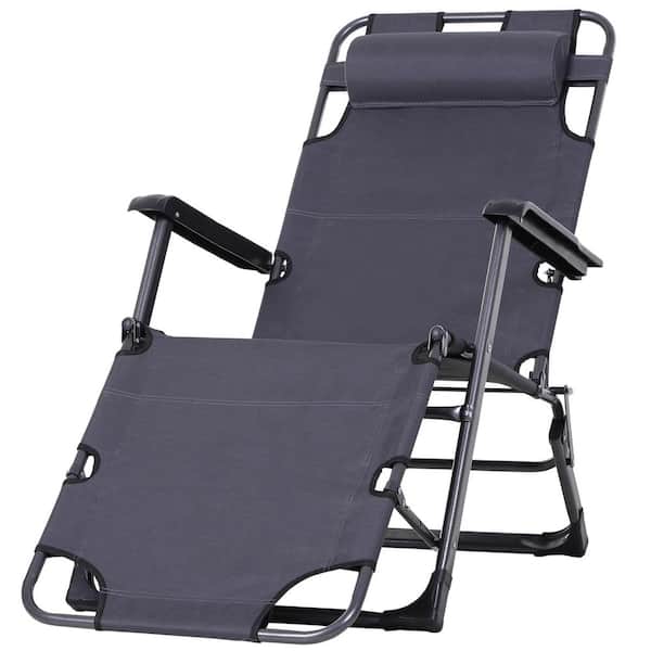 Siavonce Outdoor Adjustable Steel 2-in-1 Folding Lawn Chair with Pillow and Pocket for Beach, Patio, Lawn, Deck, Grey