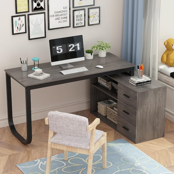 FUFU&GAGA 55.1 in. L-Shaped Gray Wood Executive Writing Desk FUFU&GAGA 55.1 in. L-Shaped Gray Wood Executive Writing Desk