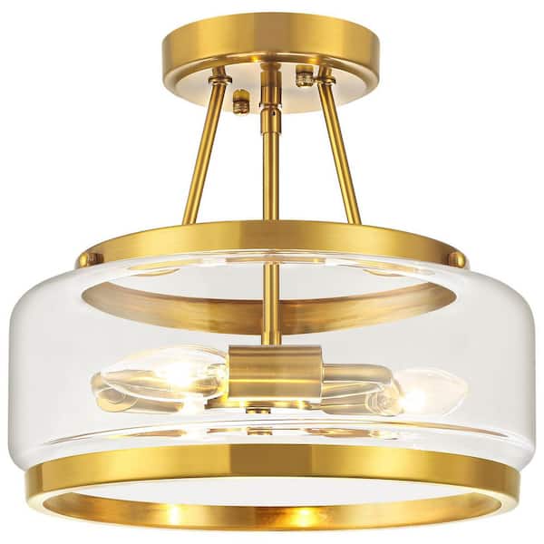ZSMIHDOH 11.81 in. 3-Light Brushed Gold Modern Glass Drum Semi