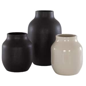 Raya 12.25 in. Glazing Charcoal/Beige Decorative Vase (Set of 3)