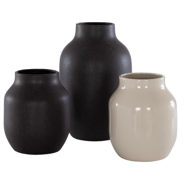 SAFAVIEH Raya 12.25 in. Glazing Charcoal/Beige Decorative Vase (Set of 3)