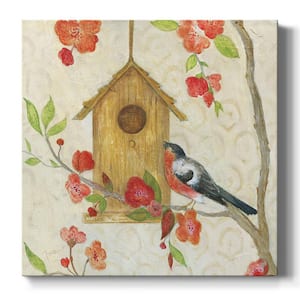 Robin On Branch With Bird House 10 in. x 10 in. White Stretched Picture Frame by Tava Studios