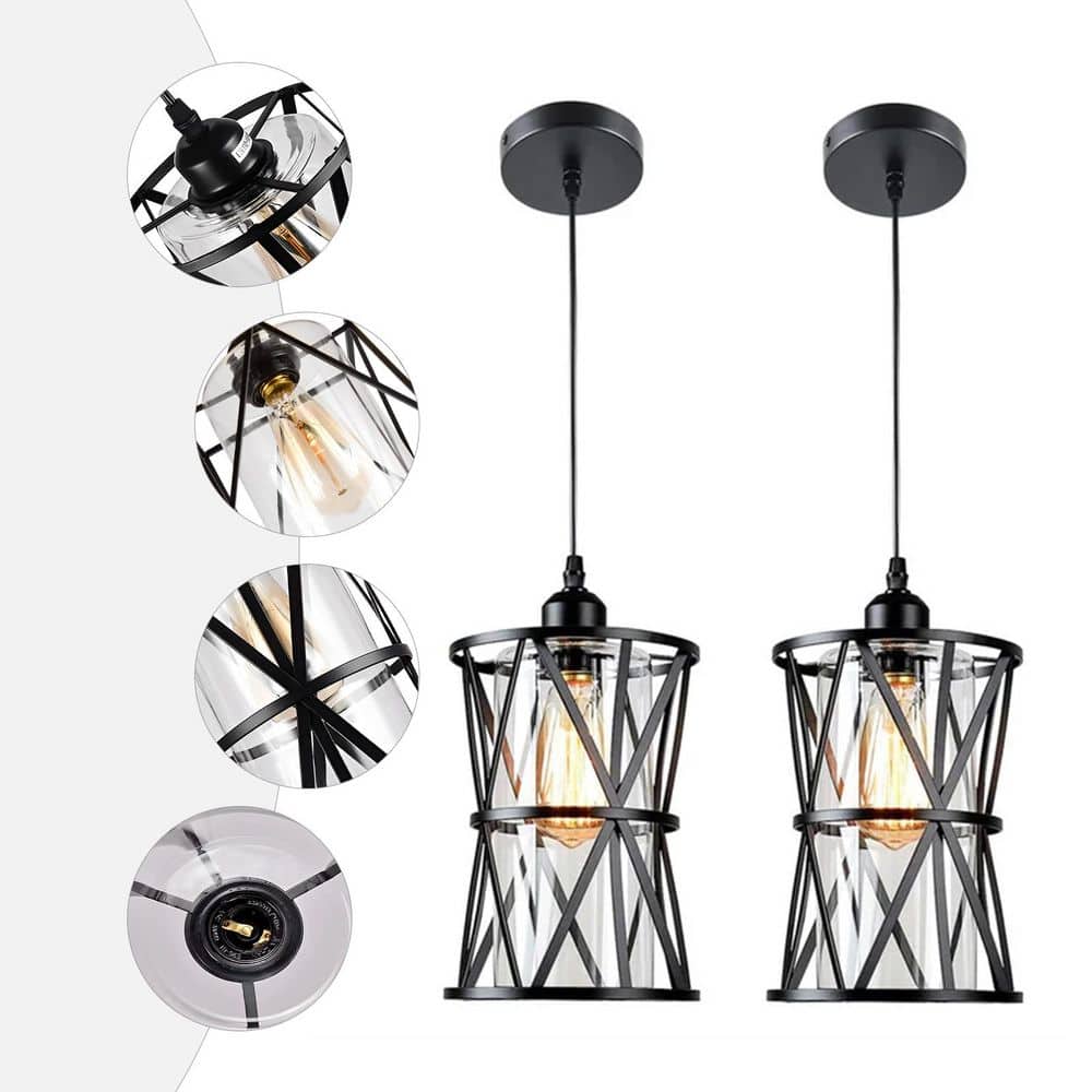 Black Metal Cage Mini Pendant Light with Clear Glass Shade