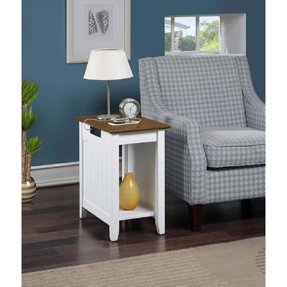 White Medium Wood Rectangular End Table with Charging Station