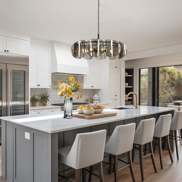 Modern 8-Light Black Drum Chandelier Dining Room Kitchen Hanging Light with Gold Accents and Smoky Gray Glass Discs
