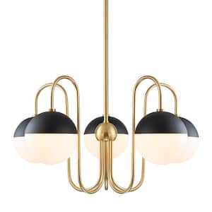 Goouu 28.3-in.W 5-Light Aged Brass and Black Large Classic Chandelier with Milk White Glass Shades for Dining Room
