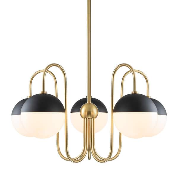 HUOKU Goouu 28.3-in.W 5-Light Aged Brass and Black Large Classic Chandelier with Milk White Glass Shades for Dining Room