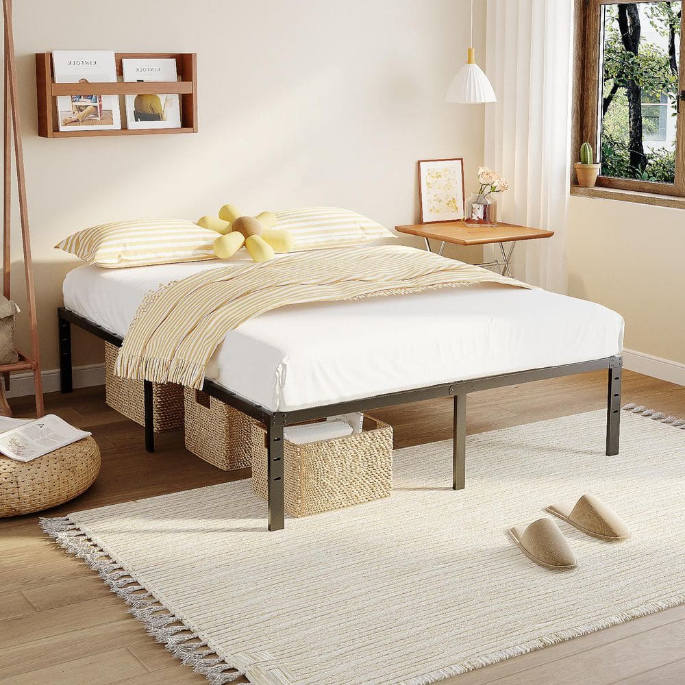 14 in. Black Metal Frame Full Platform Bed No Box Spring Needed