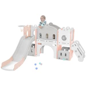 Pink Outdoor/Indoor HDPE Kids Slide Playset Freestanding Castle Climber with Slide and Basketball Hoop