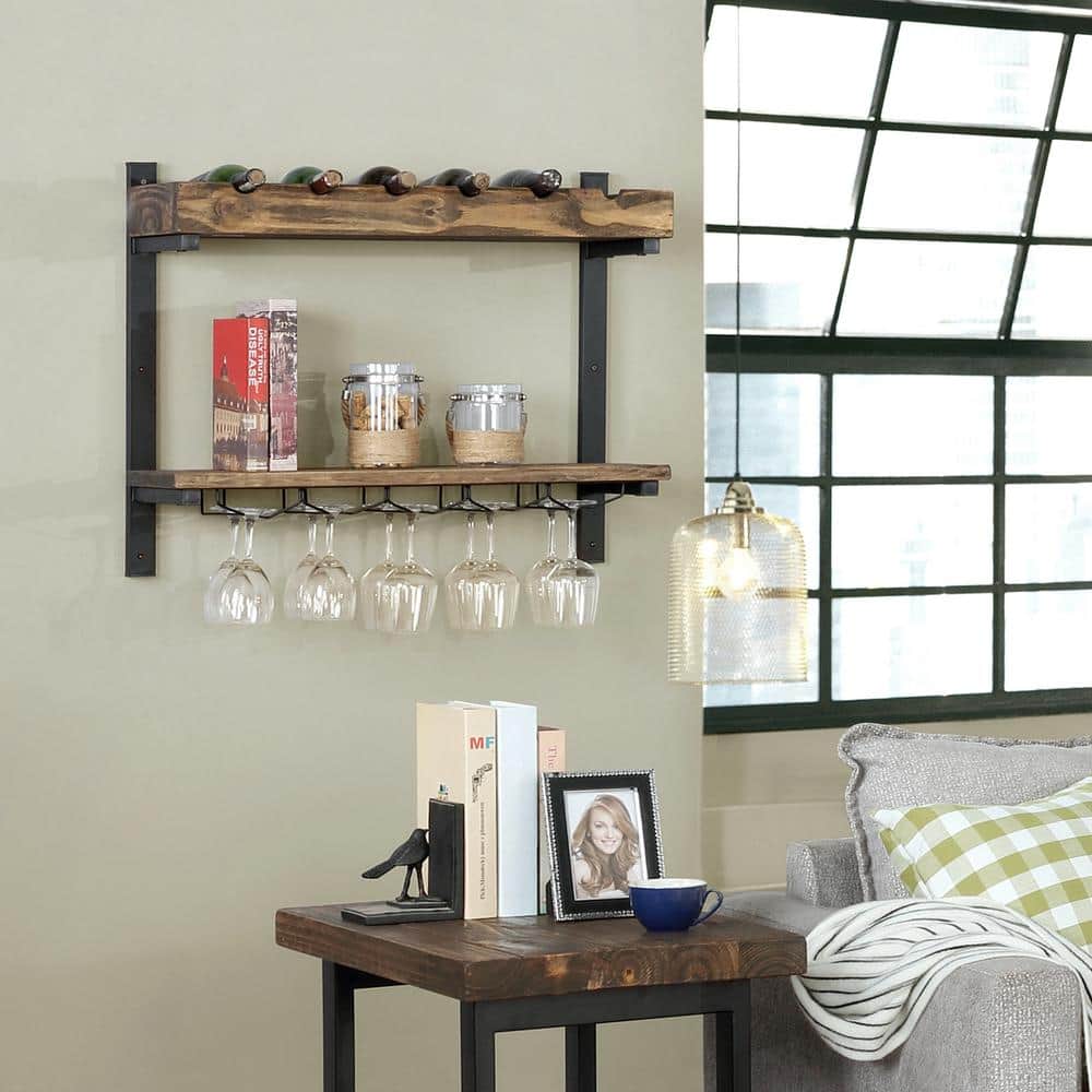 Pomona Rustic Industrial Wall-Mounted Wine Rack with Glass Storage - Brown