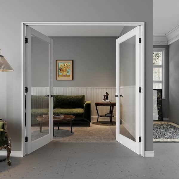 72 in. x 80 in. 1-Lite Clear Glass Universal White Solid Core Glass Double Prehung French Door Plus Quick Assemble Jamb