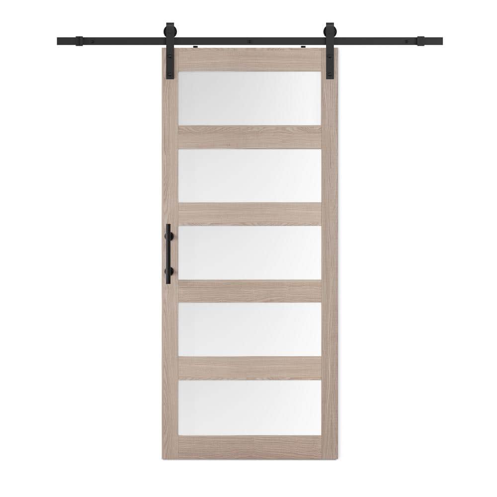30 in. x 84 in. 5-Lite Tempered Frosted Glass Prefinished Light Oak MDF Sli