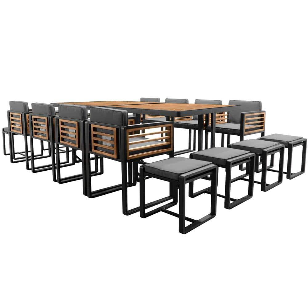 18 Pieces Acacia Wood Outdoor Dining Set with Gray Cushions