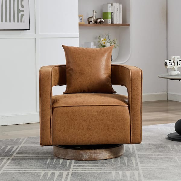JUJABU 29.1 in. W Brown PU Swivel Modern Accent Arm Chair with Weathered Base for Hotel, Bedroom