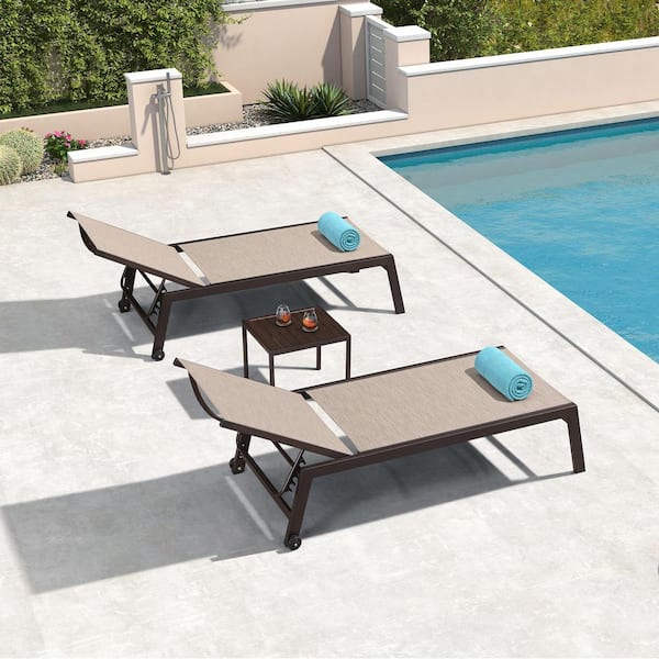 PURPLE LEAF Aluminum Bronze Frame Outdoor Chaise Lounge Patio Lounge Chair with Side Table and Wheels Extra Large, Mixed White