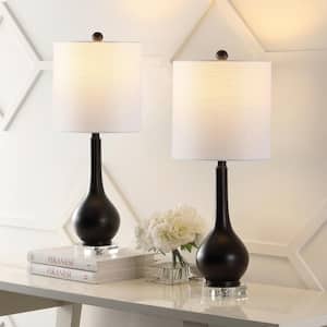 Dylan 25 in. Oil Rubbed Bronze Metal Teardrop LED Table Lamp Set with White Linen Shade and Crystal Base (Set of 2)