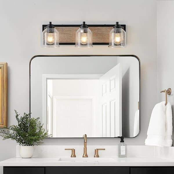 7.1 in. 3 Light Black Farmhouse Vanity Light Fixture, Bathroom Wall Sconce with Clear Seeded Glass Shades