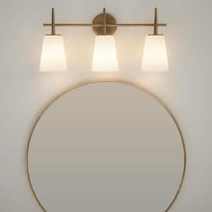 Driscoll 24.5 in. 3-Light Contemporary Modern Satin Brass Wall Bathroom Vanity Light with White Etched Glass