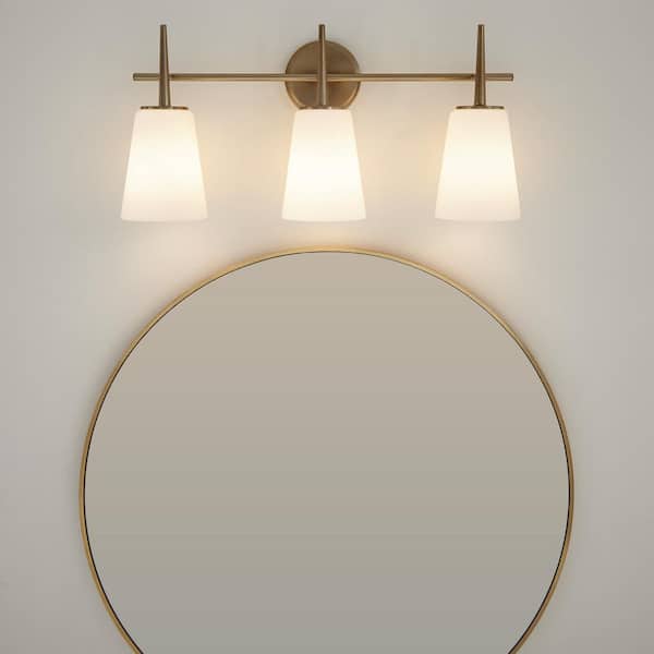 Driscoll 24.5 in. 3-Light Contemporary Modern Satin Brass Wall Bathroom Vanity Light with White Etched Glass