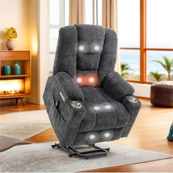 Grey Chenille Fabric Recliner Lift Chair Electric Power Lift Recliner Chairs with USB Port Cup Holder and Storage Pocket