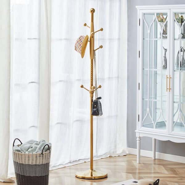 Gold Coat Rack with Stainless Steel Spray Painted Hanger and Solid Wood Reinforcement at the Bracket
