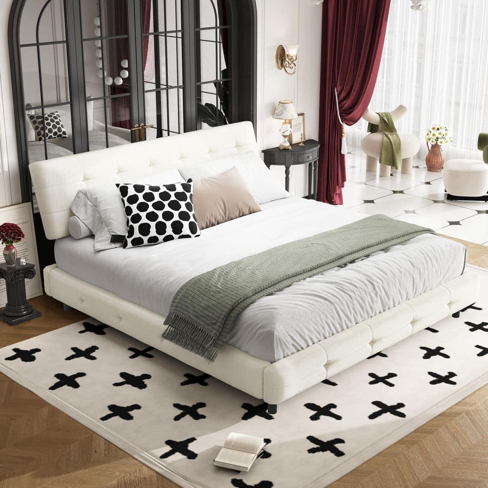 High End Beige Wood Frame King Size Chenille Upholstered Platform Bed with Cotton-Filled Headboard, Thickened Slats
