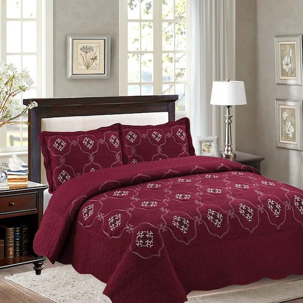 MarCielo Emma-3-Piece Embroidered Polyester King Size Lightweight Quilt Set