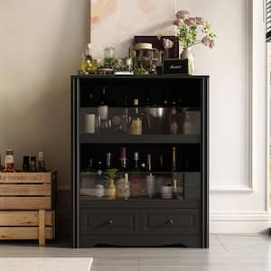 Black Wooden 31.5 in. Width Wine Cabinet, Sideboard with 2 Open Shelves. 2 Drawers and Half Glass Fence