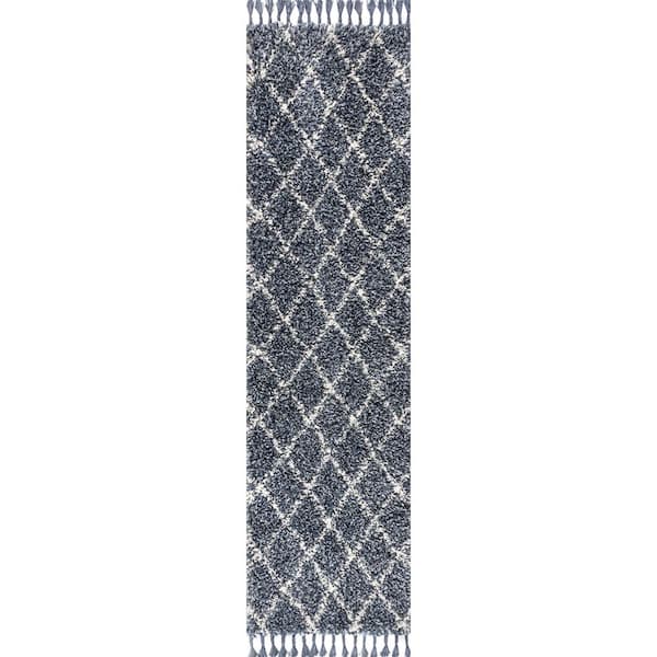 Mercer Shag Plush Tassel Moroccan Geometric Trellis Denim Blue/Cream 2 ft. x 8 ft. Runner Rug