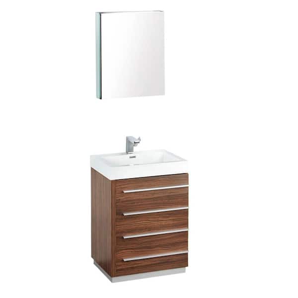 Fresca Livello 24 in. Vanity in Walnut with Acrylic Vanity Top in White with White Basin and Mirrored Mirrored Medicine Cabinet
