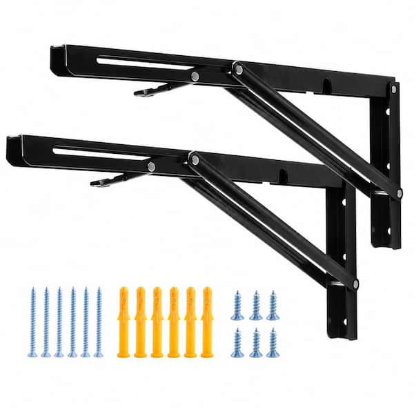 2-Pack 16 in. Folding Shelf Brackets, Heavy Duty Collapsible Black DIY L Bracket for Workbench Folding Table Hinge
