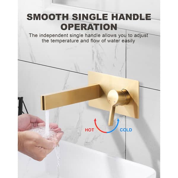Single Handle 2-Hole Widespread Wall Mounted Bathroom Sink Faucet with Deck Plate and Rough-in Valve in Brushed Gold