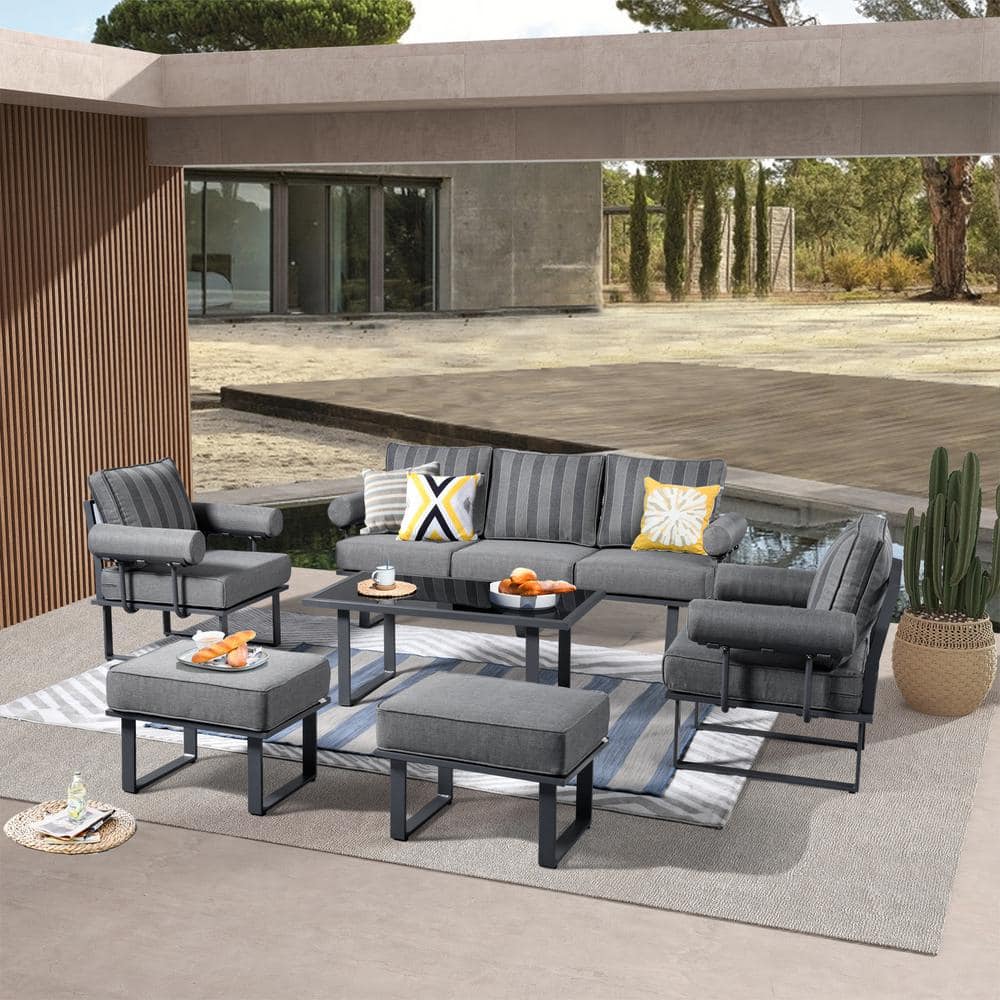 Teton Grand Gray 6 Piece Aluminum Outdoor Patio Conversation Sofa Set with Stripe Gray Cushions
