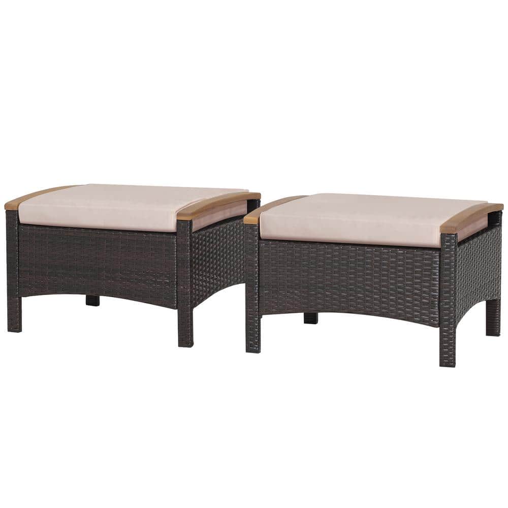 2-Piece Wicker Outdoor Ottoman Patio Rattan Footrest Seat with Beige Cushions and Curved Acacia Wood Handles price history on PriceWatchPro