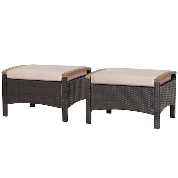 HONEY JOY 2-Piece Wicker Outdoor Ottoman Patio Rattan Footrest Seat with Beige Cushions and Curved Acacia Wood Handles