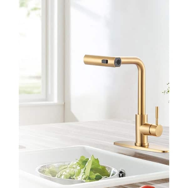 15.7 in. 3 Modes Single Handle Waterfall Pull Down Sprayer Kitchen Faucet with 360° Spout Swivel in Gold