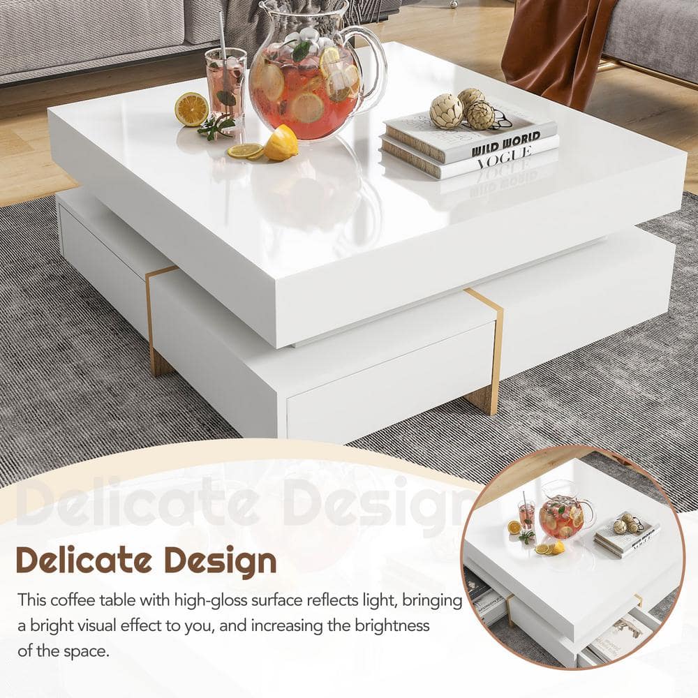White High Gloss Square Coffee Table with Storage Drawers