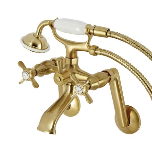 Kingston 3-Handle Wall-Mount Clawfoot Tub Faucet with Hand Shower in Brushed Brass