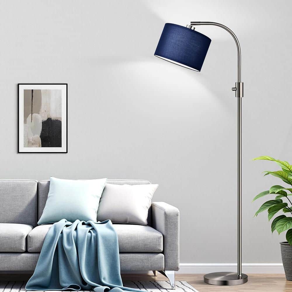 65 in. Silver 1-Light Dimmable Arc Floor Lamp with Linen Shade and 9W ...
