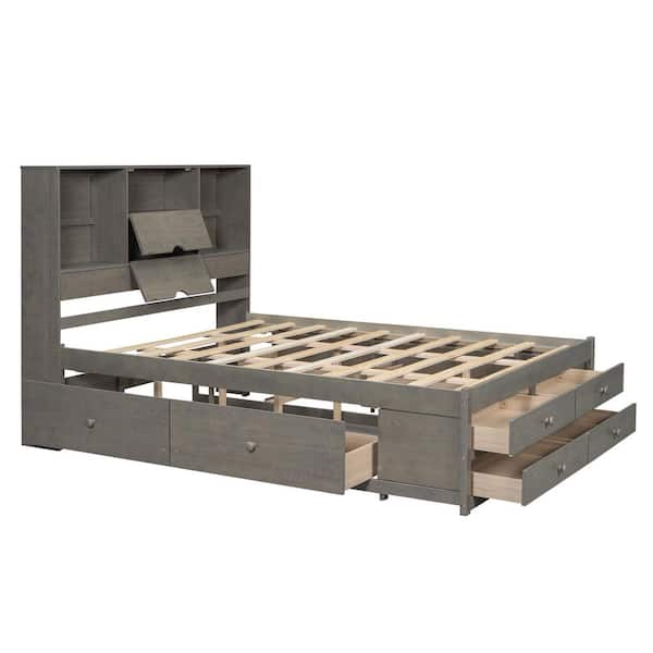 Gray Wood Frame Queen Size Platform Bed with Storage Headboard and 8-Drawers