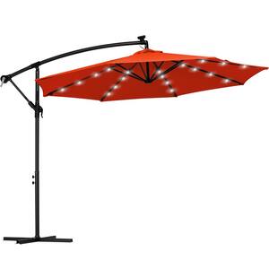 10 ft. Steel Solar Lighted Cantilever Patio Umbrellas with Sandbag Weighted Base in Orange