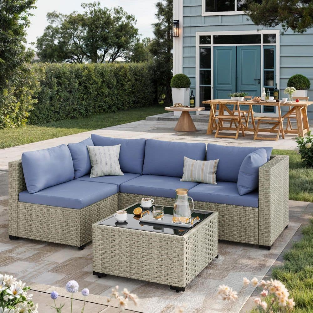5 Pieces Gray Wicker Patio Conversation Set with Haze Blue Cushions price history on PriceWatchPro