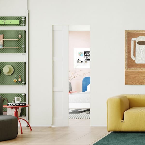 30 in. x 80 in. 3-Panel White Primed Solid Core Wood MDF Sliding Pocket Door with Soft Close, Frame and Hardware Kit